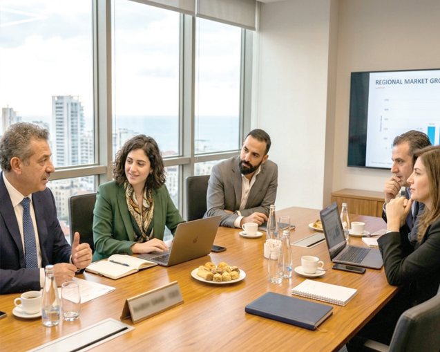 Archers consultants reviewing regional market growth data in a boardroom